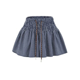 Korean Women's Casual Shorts With Elastic Waist And Drawstring Pleated Plaid A-line Wide-leg Hot Pants For Trendy Girls EHL7