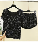 Chic Modal Floral Print 2Pcs Set Soft And Breathable Short-Sleeve Top And Shorts Loose Relaxed Fit Women's Sleepwear Homewear