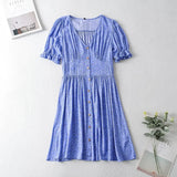 Foridol Blue Floral Print Summer Beach Dress Women Casual Holiday Short Sleeve Dress Boho Sundress Vestidos Fashion Clothes