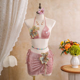 Women embroidery flower glitter metallic bikinis sets 3pcs with split mini skirt swimsuit bathing suit beach outfits biquini
