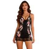 Sexy Women Mesh Printed Honeymoon Nightgown Lace Trim Adjustable Strap Sleep Dress Sheer Black Chemise Lingerie XS-L With Thong