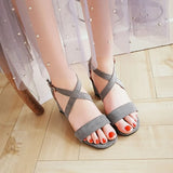 Big Size Casual Women Sandals Black Flock 7cm High Square Heels Peep Toe Summer Cross Buckle Strap Party Office Red Lady Sandals