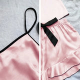 Women's Smooth Satin Pajamas V-Neck T-Shirt Ruffled Edges And Bow Shorts Simple And Breathable Pajama Set Sling Home Clothing