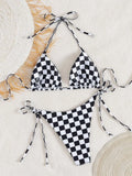 Sexy Pink Plaid Micro Bikini 2026 Women Halter Push Up Bra Tie Side Thong Swimsuit Brazilian Beach Bathing Suit Swimwear Biquini
