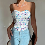 Summer Women Floral Y2K Crop Tops Printed Sleeveless Fishbone Corset Woman Sexy Backless Slim Strapless Streetwear Camisole