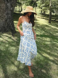 Foridol Ruffles Straight Elegant Women's Dress Summer Printed Boho Beach Maxi Dress Spaghetti Strap Floral Blue Sundress 2025
