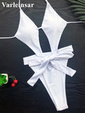 Knotted Backless Cut Out Halter One Piece Swimsuit Women Swimwear Female Monokini High Cut Bather Bathing Suit Swim Lady V3817