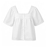 Women's Retro Casual Babydoll Blouse Summer Loose Fit Tops Lace Trim Short Sleeve Square Neck Button Up Shirts