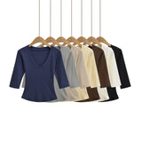 New Pure Desire Casual Style T-Shirt Hot Girl Sexy V-Neck Wool Lyocell Stretch Slim Fit Mid-Sleeve Solid Color Thin T-Shirt WLOC