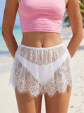 Women's Loose Fit Lace Shorts Summer Elastic Waist Wide Leg Shorts Lounge Beach Sexy See through Short Bottoms Solid Color
