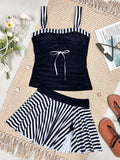 Vintage Black Striped Tankini Set 2026 Women Front Tie Pleate Skirt High Waist Two Piece Swimsuit Bathing Suit Holiday Swimwear