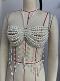 Sexy Women Chain Bras Tops Elegant Pearls Body Jewelry Tasseled Party Clubwear for Summer Vacation Beachwear