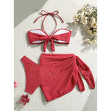 3PCS With Sarong Metal Star Halter Bikini Female Swimsuit Women Swimwear Three-Pieces Bikini Set Bather Bathing Suit Swim V7042
