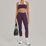 2 Pieces Color-block Yoga Sets Women  Hanging Neck Sports Bra High Waist Pants Built-in Pockets Outdoor Fitness Workout Suit