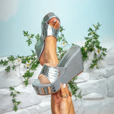 2026 EUR Size 43 Silver Platform Sandals Women Chic Comfy Walk Gold Chunky High Heels Wedges Sandals Shoes Slip-on Mules Sandals