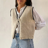 Women's Knit Waistcoat Contrast Color Trim Lacing Closure V-Neck Sleeveless Knit Sweater Vest Cardigan Outerwear