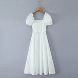 Bowknot Ruffles Light Blue Midi Dress Women's Summer Off Shoulder Short Sleeve Beach Dress Drawstring White A-line Vestidos 2025