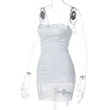 FDYOUI Women's Lace Patchwork White Wedding Party Dresses Sexy Spaghetti Strap Backless Skinny Mini Evening Prom Dress Clubwear