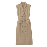 Foridol Khaki Double Breasted Sleeveless Office Windbreaker Style Dress Turn Down Collar Lady Elegenta Vintage Belt New Vestidos