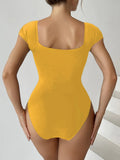 2026 Short Sleeve Swimsuit Women One Piece Solid Swimwear Female Zipper Bathers Bathing Swimming Suit Summer Beachwear Bodysuit