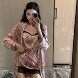 Ice Silk Sexy Pajamas Women's Spring and Autumn Suspender Lace Nightgown Robe High-end Home Clothes