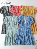 Foridol Blue Floral Print Summer Beach Dress Women Casual Holiday Short Sleeve Dress Boho Sundress Vestidos Fashion Clothes