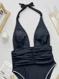 V Neck Halter Wrinkled Women Swimwear One Piece Swimsuit Female High Cut Backless Monokini Bather Bathing Suit Swim Beachwear
