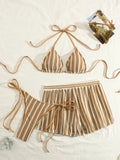 Sexy Green Orange Striped Bikini Set Women Halter Push Up High Waist Panties 3 Piece Swimsuit 2026 Summer Bathing Suit Swimwear
