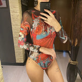 S - XXL Printed Long Sleeve With Sarong One Piece Swimsuit Women Swimwear Female Flowers Padded Bather Bathing Suit Swim V7181