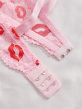 3PCS Sexy Lace Lip Print Women Lingerie Set Hollow Out Mesh Unlined Underwire Bra Bow & Rhinestone Sexy Bras