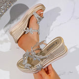 Fashion Rhinestone Butterfly Wedges Slippers Women Plus Size 43 Summer Chunky Platform Sandals Woman Thick Sole Crystal Sandals