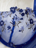 Blue Embroidered Floral Lingerie Set - Sexy Bra And G-string Combo with Heart Decoration Underwear Set for Women ZA824026