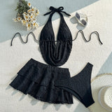 3PC with Skirt Wrinkled Halter Tankini Bikini Women Swimwear Female Swimsuit Three-pieces Bikini Set Bathing Suit Swim Beachwear