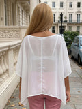 Women Summer Holiday Beach Sheer T-shirts Short Sleeve Tops Oblique Neck Solid Color See-through Irregular Party Clubwear