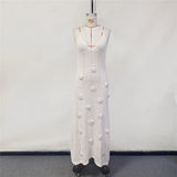 Elegant 3d Flower Knitted Dresses For Women V-neck Backless Sleeveless Lace Up Female Maxi Dress Summer Lady Beach Dress V6211