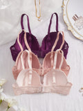 3Pcs Floral Lace Women's Underwear Set Daily Push-Up Bra Rhinestone Breathable Mesh Bra for Women