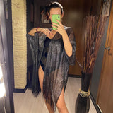 Sexy Fringe Tassel Mesh Sheer Shiny Knitted Tunic Beach Cover Up Cover-ups Beach Dress Beach Wear Beachwear Female Women V3321