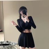 Split Swimsuit Women's Two-piece Solid Color Skirt Style Fairy Style Long Sleeved Sunscreen Sports Flat Pants Swimsuit