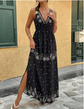 Bohemian Style Print Sleeveless Long Dresses Women Summer V-neck Backless Leace-up Slit Dress Casual Lady Vacation Vestidos
