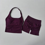 2PCS Seamless Halter Neck Yoga Set Push up Sports Bra And High Waist Butt Lift Fitness Shorts Tummy Control Fitness Wear
