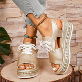 Plus Size Lace Up Chunky Platform Sandals Women 2026 Summer Peep Toe Wedges Sandals Woman Rivets Thick Bottom Gold Sandalias