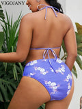 VigoJany 2026 Print Halter 2 Piece Plus Size Bikini Set Women Push Up High Waist Large Big Swimsuit Backless Chubby Bathing Suit