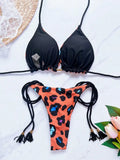 2026 Sexy Leopard Print Swimwear Women'S Split Bikini Set Woven Rope Strap Fringe Beach Women'S Two-Piece Swimsuit Bathing Suit