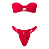 Women Summer 2-Piece Swimsuits Knot Front Strapless Bikini Bra and Elastic Bottoms Sets for Beachwear Bathing Suit