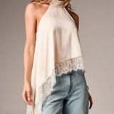 Solid Color Satin Halter Neck Vest for Women Summer Sleeveless Open Back Irregular Lace Hem Tank Tops