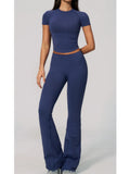 Seamless High Elasticity Yoga Sets Women Short Sleeve O Neck Sports T Shirts Workout Outfits Running Wide Leg Pants Fitness Suit