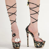 New Design Sunflower Jelly PVC Women Platform Sandals Fashion Leaf Lace Up 16CM Super High Heels Banquet Dress Shoes Pink