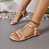 Women's fashionable round toe bohemian style one foot elastic band casual versatile flat sandals