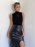 WOMENGAGA High Waist Slim Side Split PU Leather Skirt For Women Spring/Summer Irregular Split One Step Skirt Mid Length 761R