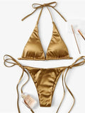 Sexy Satin Halter Brazilian Padded Bikini Female Swimsuit Women Swimwear Two-Pieces Bikini Set Bather Bathing Suit Swim V4966S